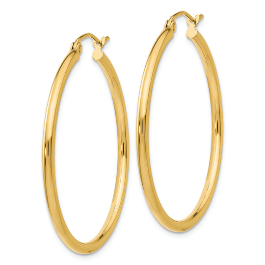 Aretes tipo argolla de tubo de 2 x 35 mm, pulidos de 14 k