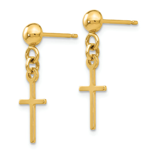 Aretes Colgantes con Forma de Cruz Pulida en Oro Amarillo de 14 k