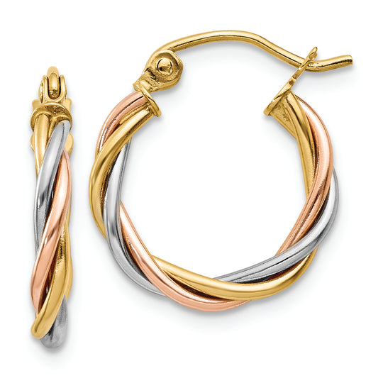 Aretes de Aro Trenzados de 2.5 mm Pulidos en Oro Tricolor de 14k