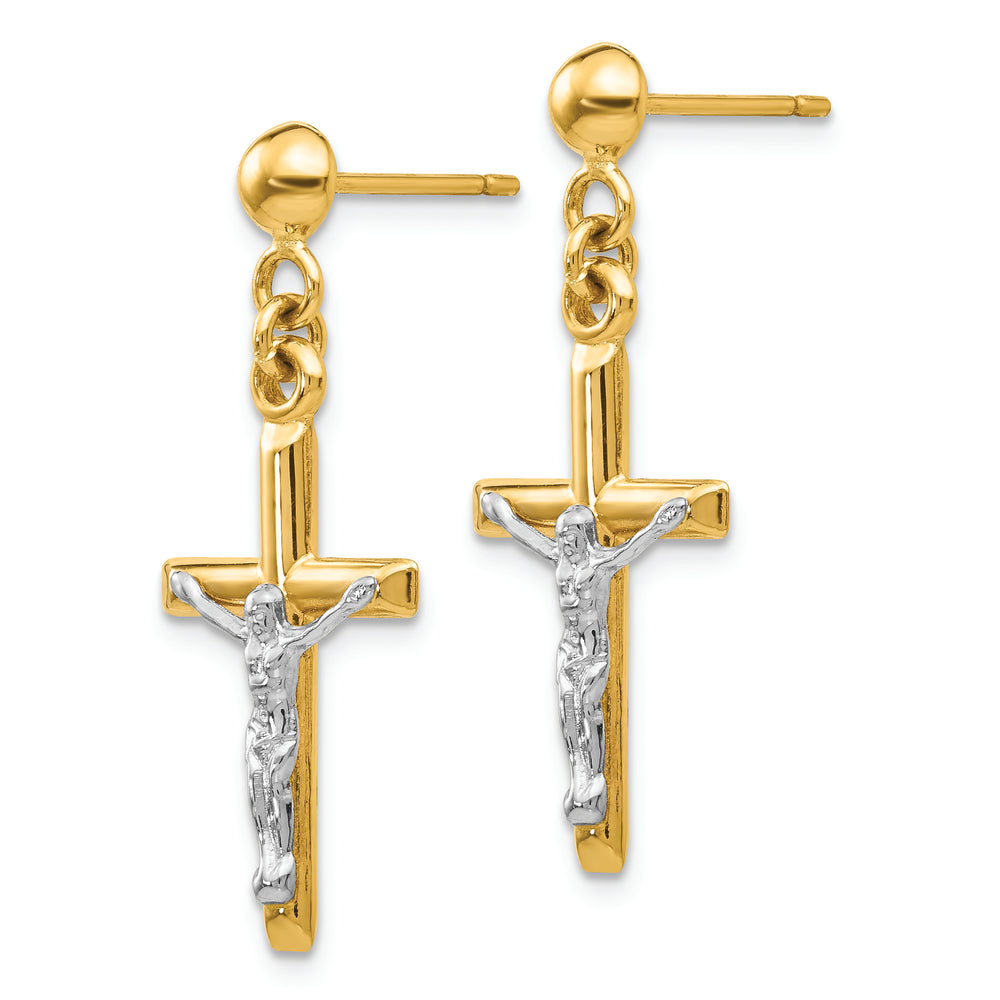 Aretes de Crucifijo Hueco de Oro Bicolor en 14k