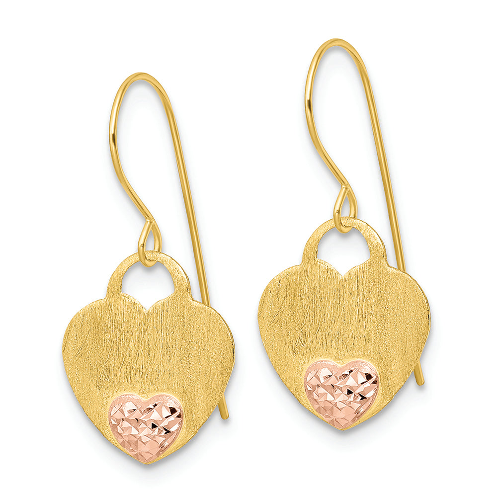 Aretes Colgantes de Corazón Pulido con D/C en Oro Amarillo de 14K