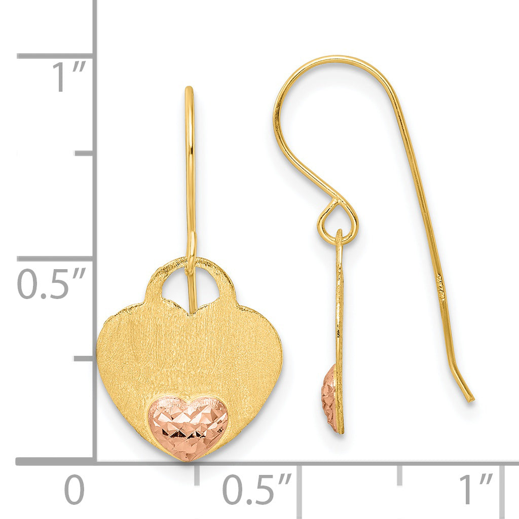 Aretes Colgantes de Corazón Pulido con D/C en Oro Amarillo de 14K