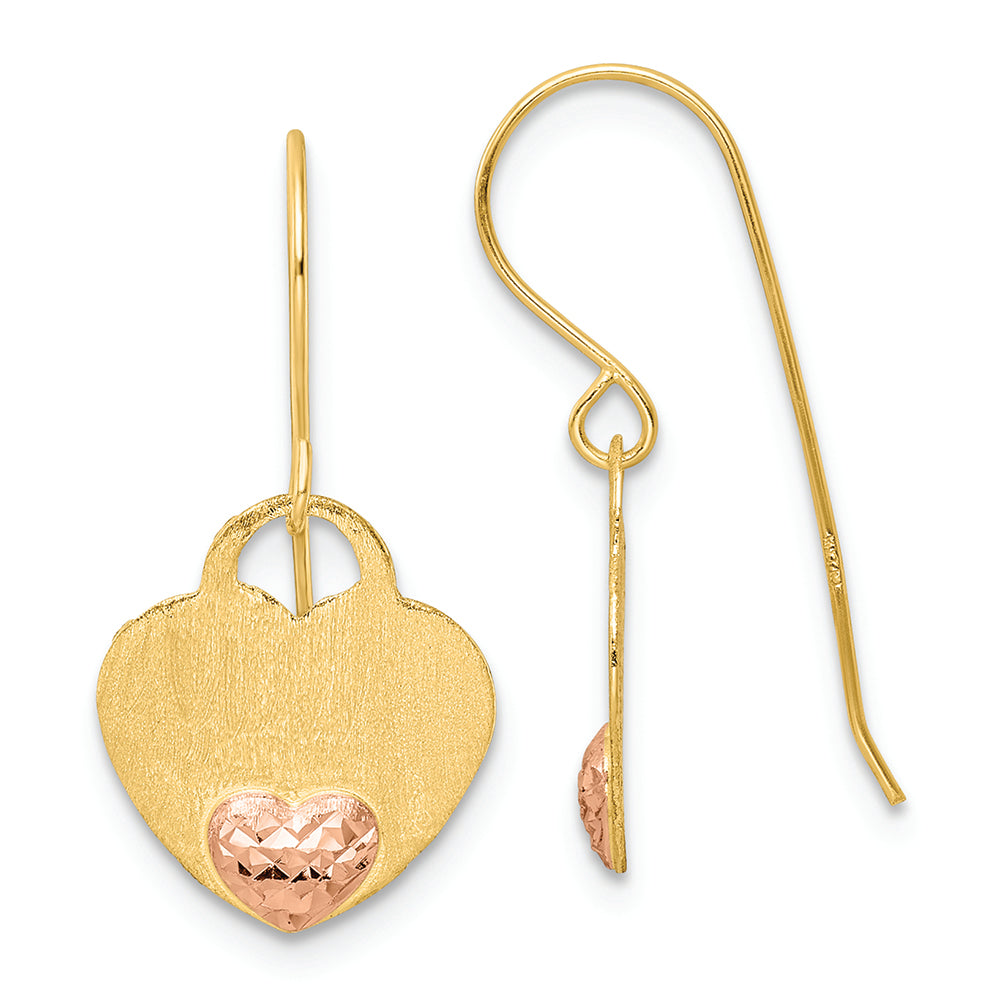 Aretes Colgantes de Corazón Pulido con D/C en Oro Amarillo de 14K