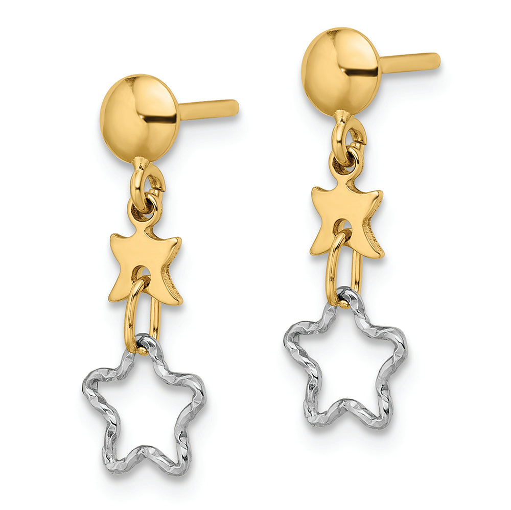 Aretes Colgantes Estrella Pulidos Bicolor de 14K