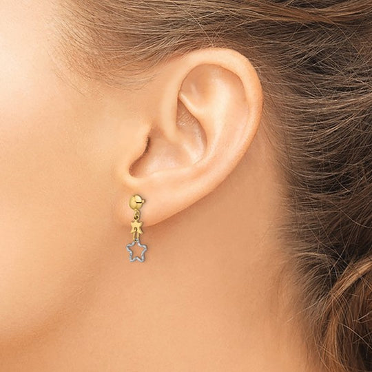 Aretes Colgantes Estrella Pulidos Bicolor de 14K