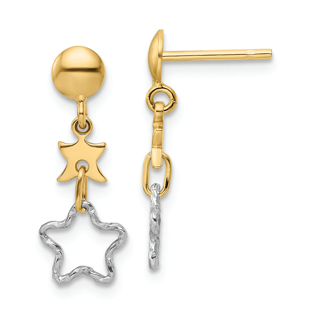 Aretes Colgantes Estrella Pulidos Bicolor de 14K