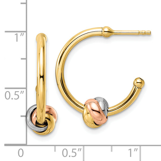 Aretes de Aro J-Hoop con Nudo en Oro Blanco y Rosa de 14K con Rodio Amarillo