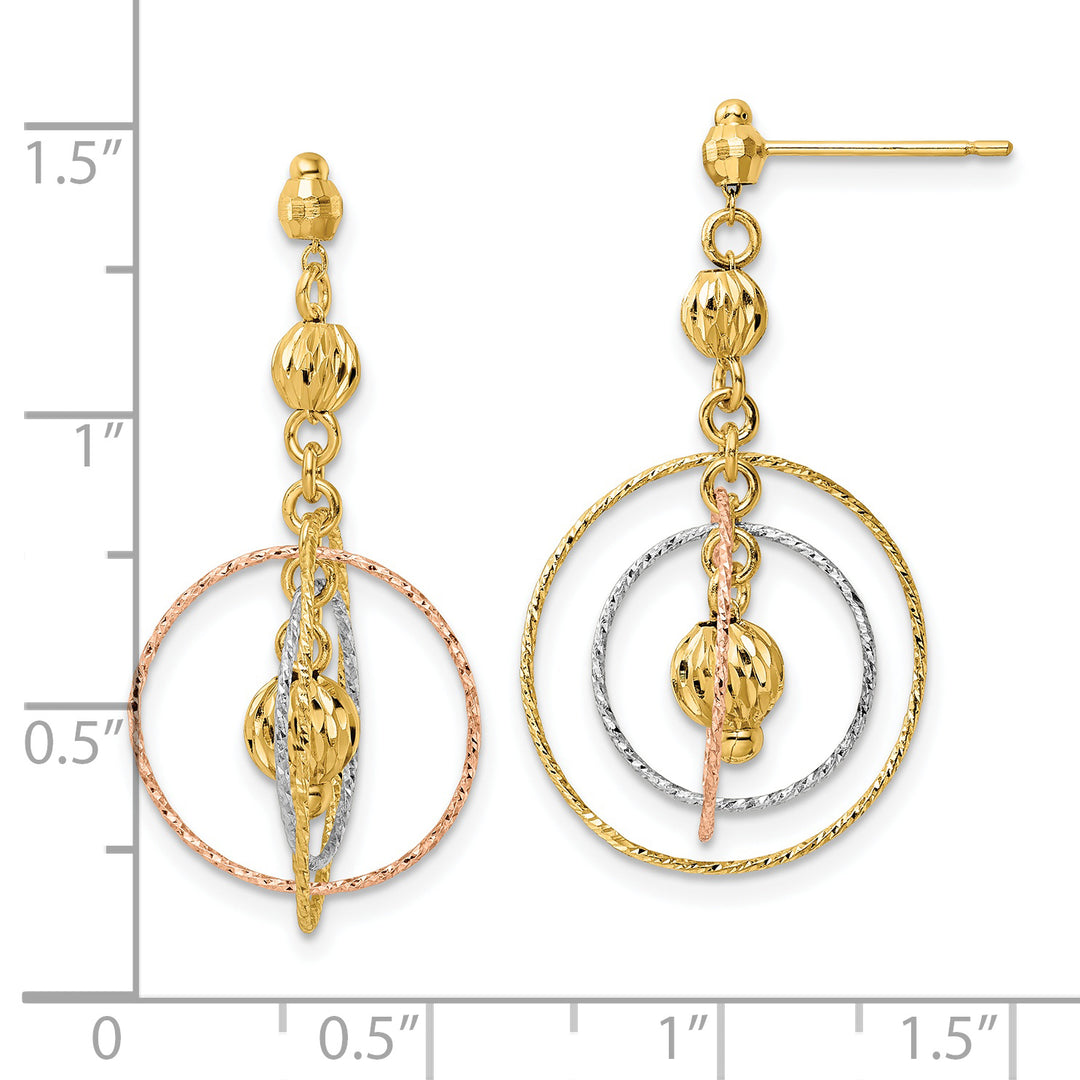 Aretes de Cuentas con Talla Diamante y Círculos Abiertos en Oro Tricolor de 14k