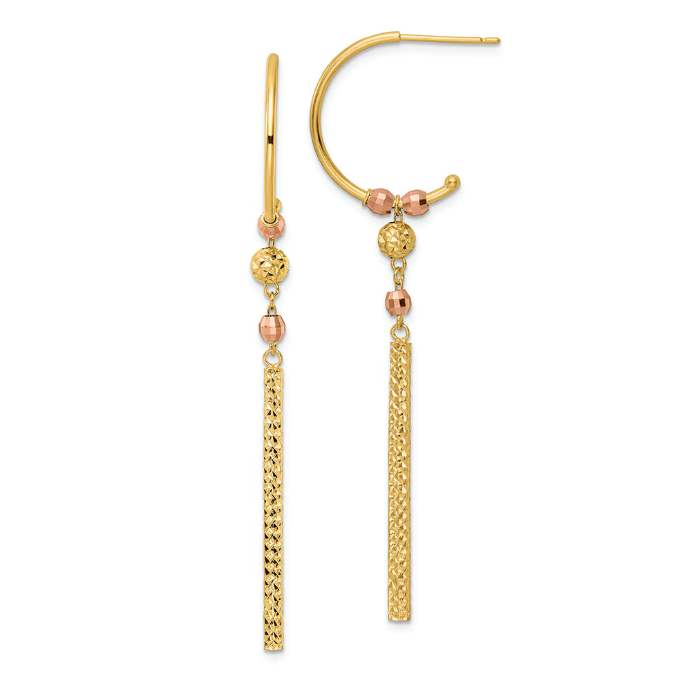 Pendientes J-Hoop Bicolor de 14k con Colgante Cortado a Diamante