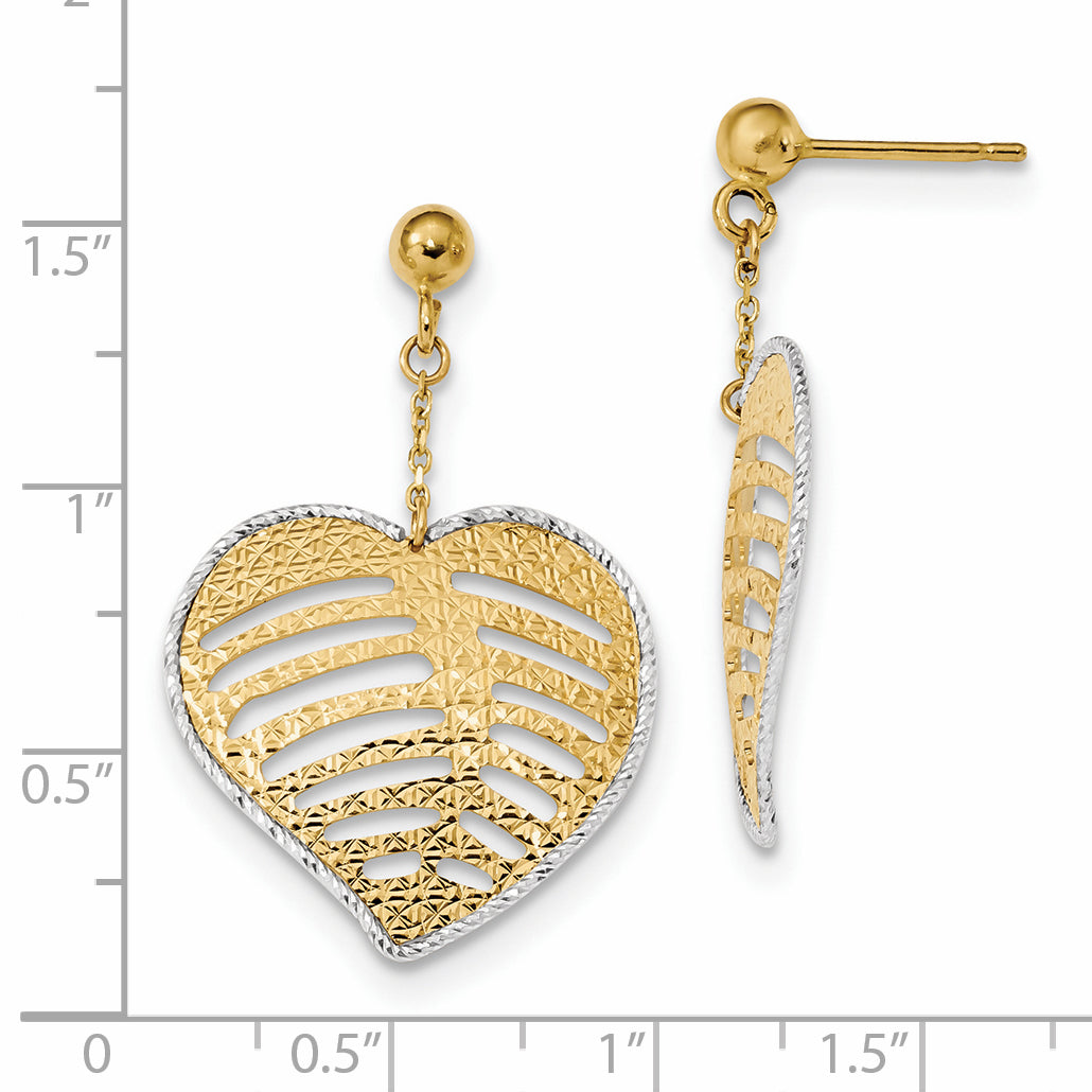 Aretes Colgantes con Forma de Corazón de Filigrana Texturizada Pulida en Oro Bicolor de 14 k