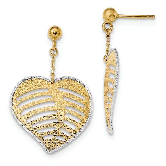 Aretes Colgantes con Forma de Corazón de Filigrana Texturizada Pulida en Oro Bicolor de 14 k