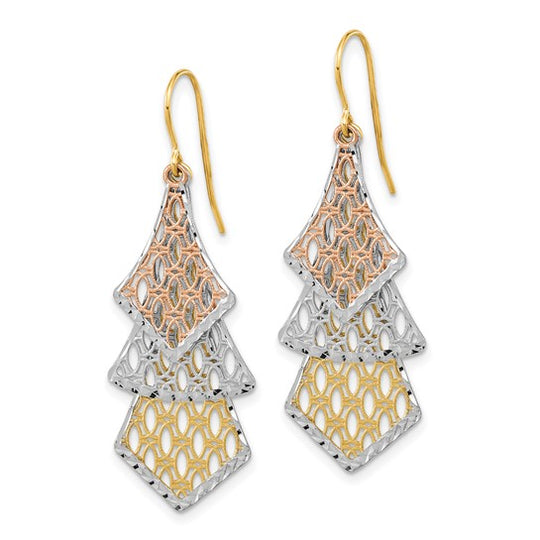 Aretes Colgantes Filigrana Pulidos con Corte Tipo Diamante en Oro Tri-Color de 14K