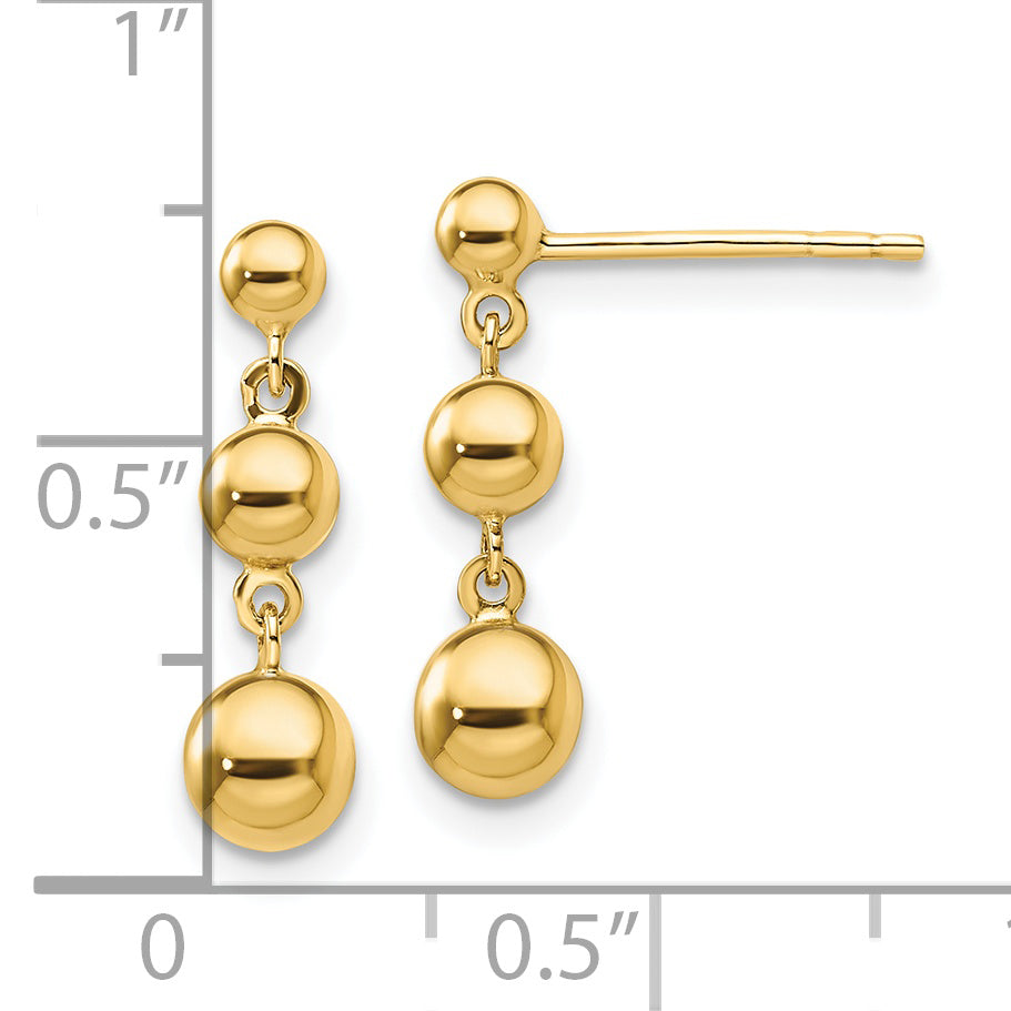 Aretes de Oro Amarillo de 14K con 3 Bolas Graduadas y Cierre de Poste