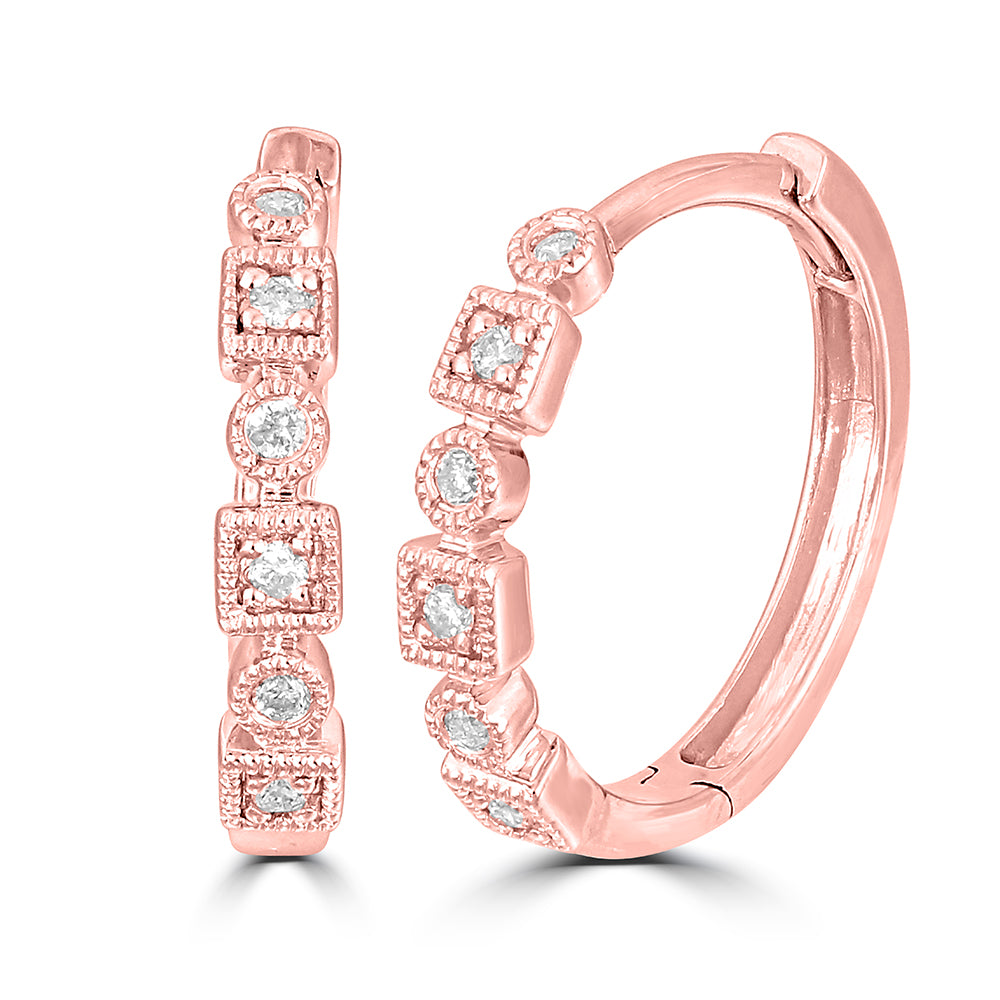 Oro rosado de 14 quilates de 1/10 quilates total. Pendientes de aro apilables con diamantes