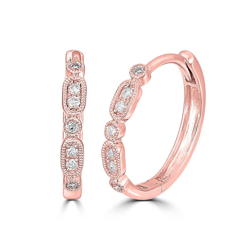 Oro rosado de 14 quilates de 1/10 quilates total. Pendientes de aro apilables con diamantes