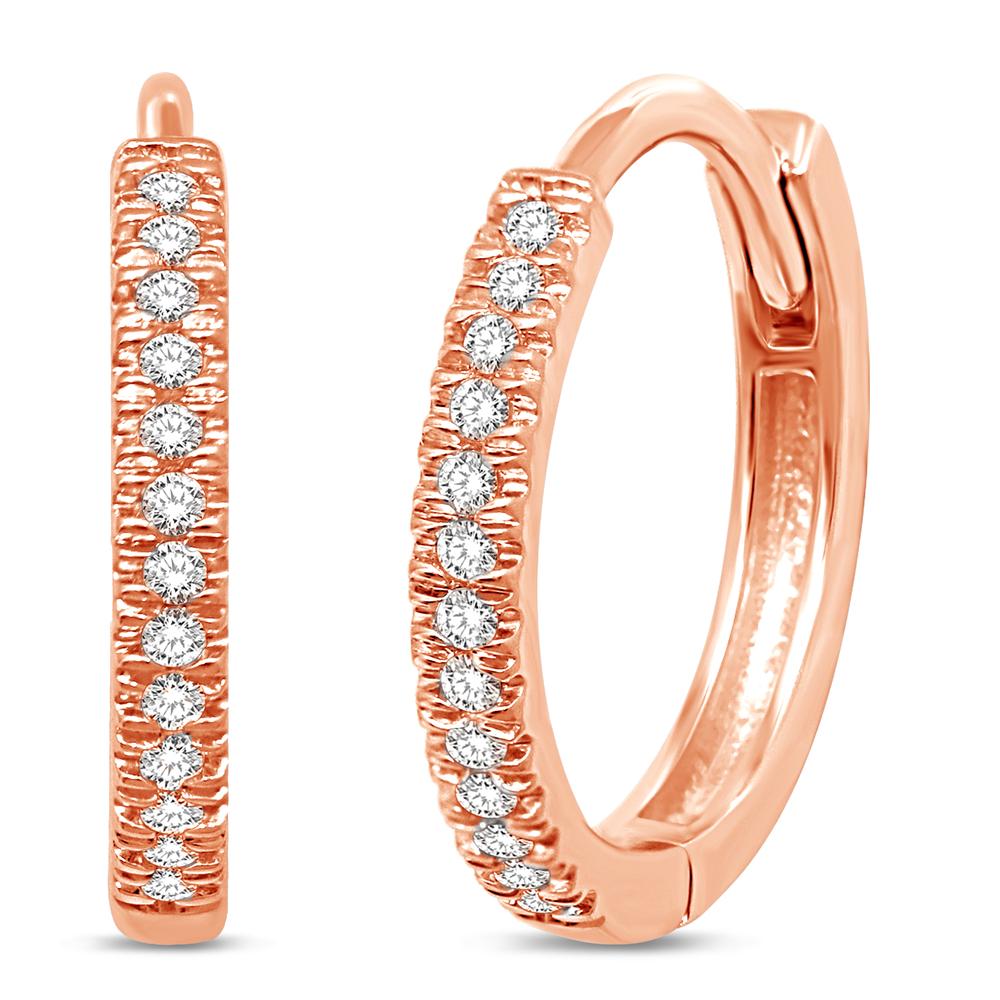 Oro rosado de 14 quilates, 1/6 quilates total. Pendientes de aro apilables con diamantes