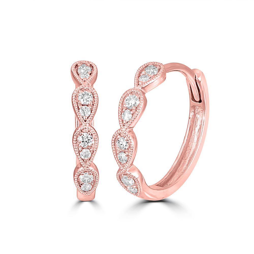 Oro rosado de 14 quilates de 1/10 quilates total. Pendientes de aro apilables con diamantes