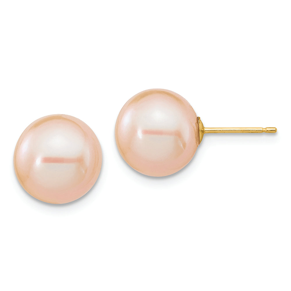 Aretes de perlas cultivadas de agua dulce de color rosa redondo de 14 quilates, 10-11 mm