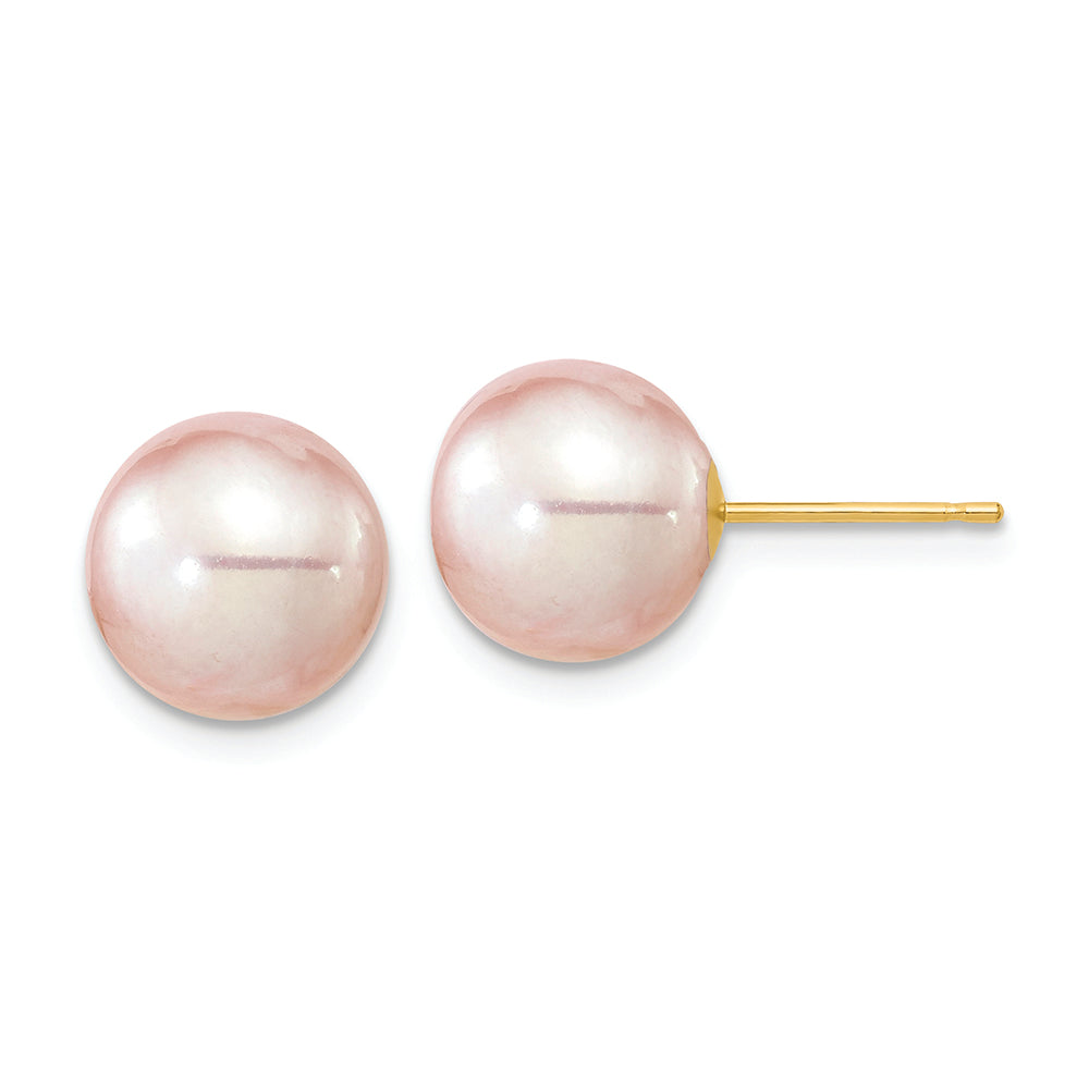 Aretes de perlas FWC moradas redondas de 14 quilates, 9-10 mm