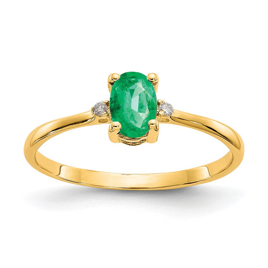 Anillo de Oro Amarillo de 14k con Diamante y Esmeralda (Piedra de Nacimiento de Mayo)