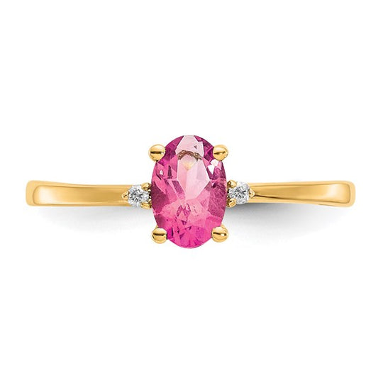 Anillo de Oro Amarillo de 14k con Diamante y Turmalina Rosa (Piedra de Nacimiento)