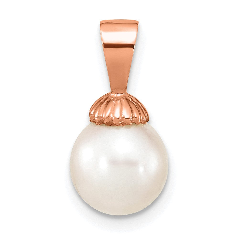 Colgante de Perla Redonda Blanca de Agua Dulce Cultivada de 8-9 mm en Oro Rosa de 14k