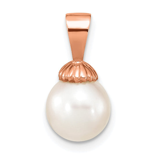 Colgante de Perla Redonda Blanca de Agua Dulce Cultivada de 8-9 mm en Oro Rosa de 14k