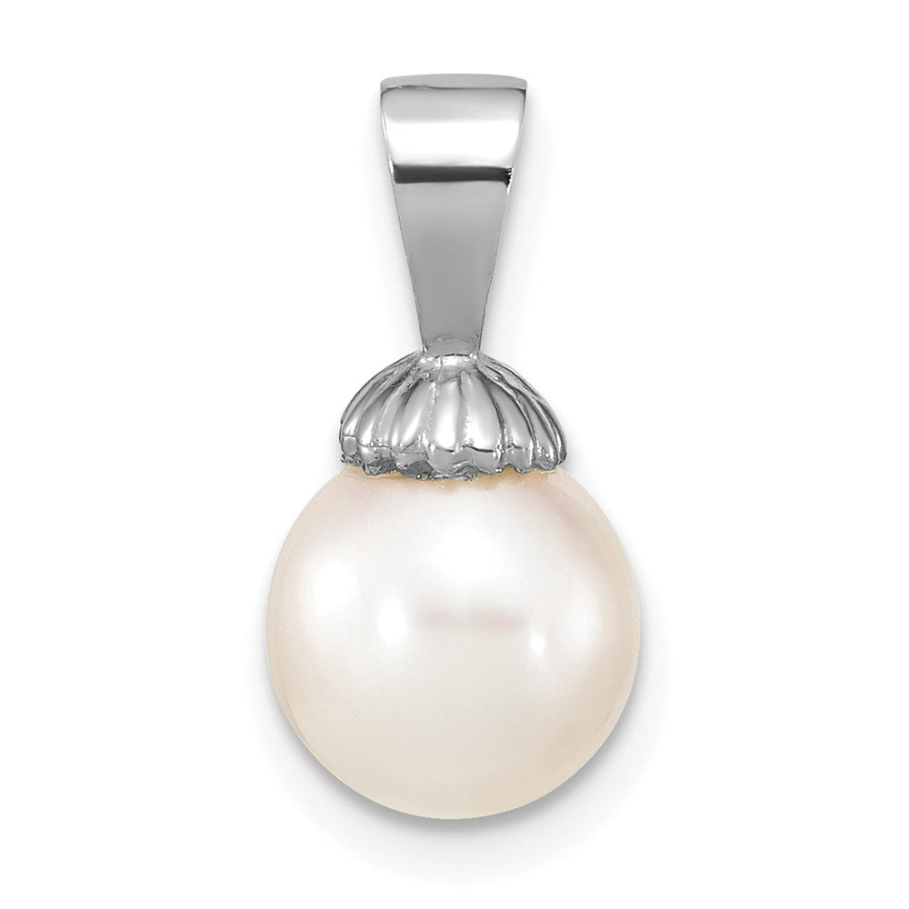 Colgante de Perla Redonda Blanca de Agua Dulce Cultivada de 8-9 mm en Oro Blanco de 14k