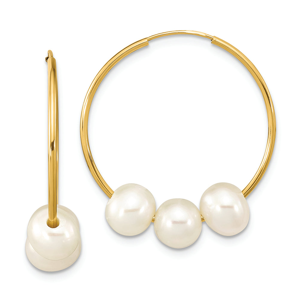 Pendientes colgantes de aro con perlas FWC blancas semicirculares de 14 quilates, 6-7 mm