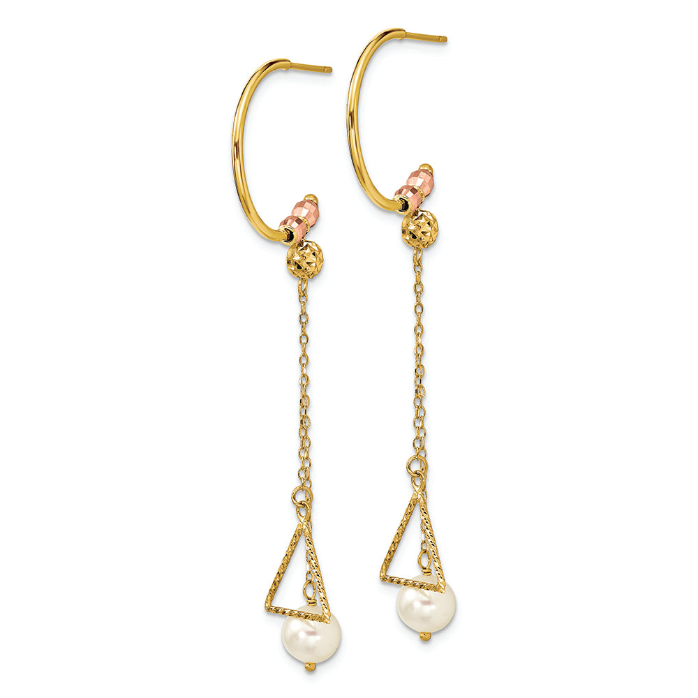 Aretes Colgantes con Perlas Cultivadas FW de 6 mm Talla de Diamante y Semicírculo en Oro Bicolor de 14k