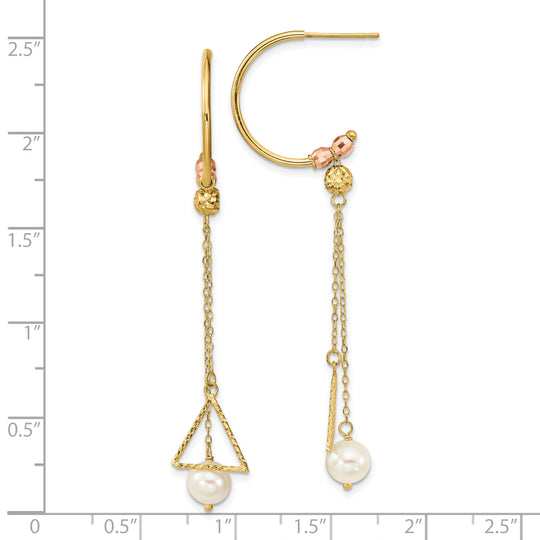 Aretes Colgantes con Perlas Cultivadas FW de 6 mm Talla de Diamante y Semicírculo en Oro Bicolor de 14k