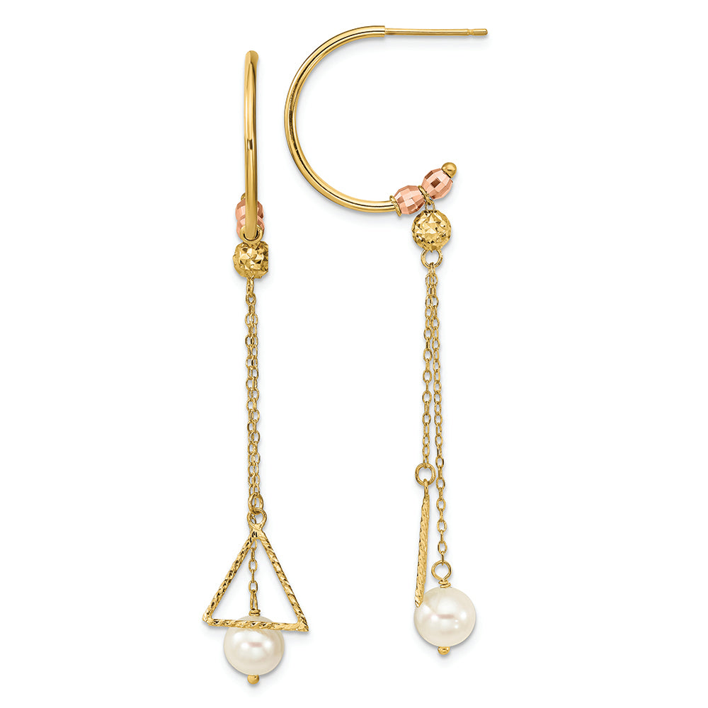 Aretes Colgantes con Perlas Cultivadas FW de 6 mm Talla de Diamante y Semicírculo en Oro Bicolor de 14k