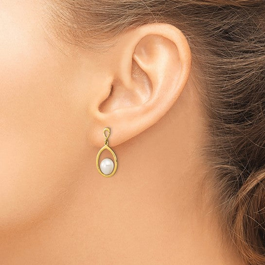 Pendientes Colgantes con Perlas Cultivadas de Agua Dulce en Forma de Gota Blanca de 6-7 mm en Oro Amarillo de 14k con Cierre de Poste y Presión