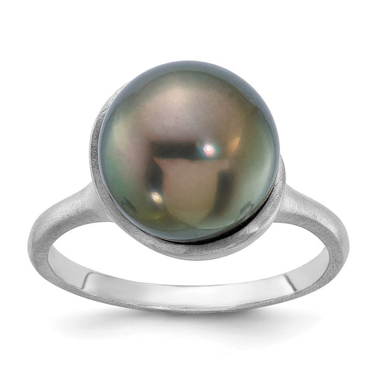 Anillo con Perla de Tahití Negra Redonda de 10-11 mm, Cepillado en Oro Blanco de 14k