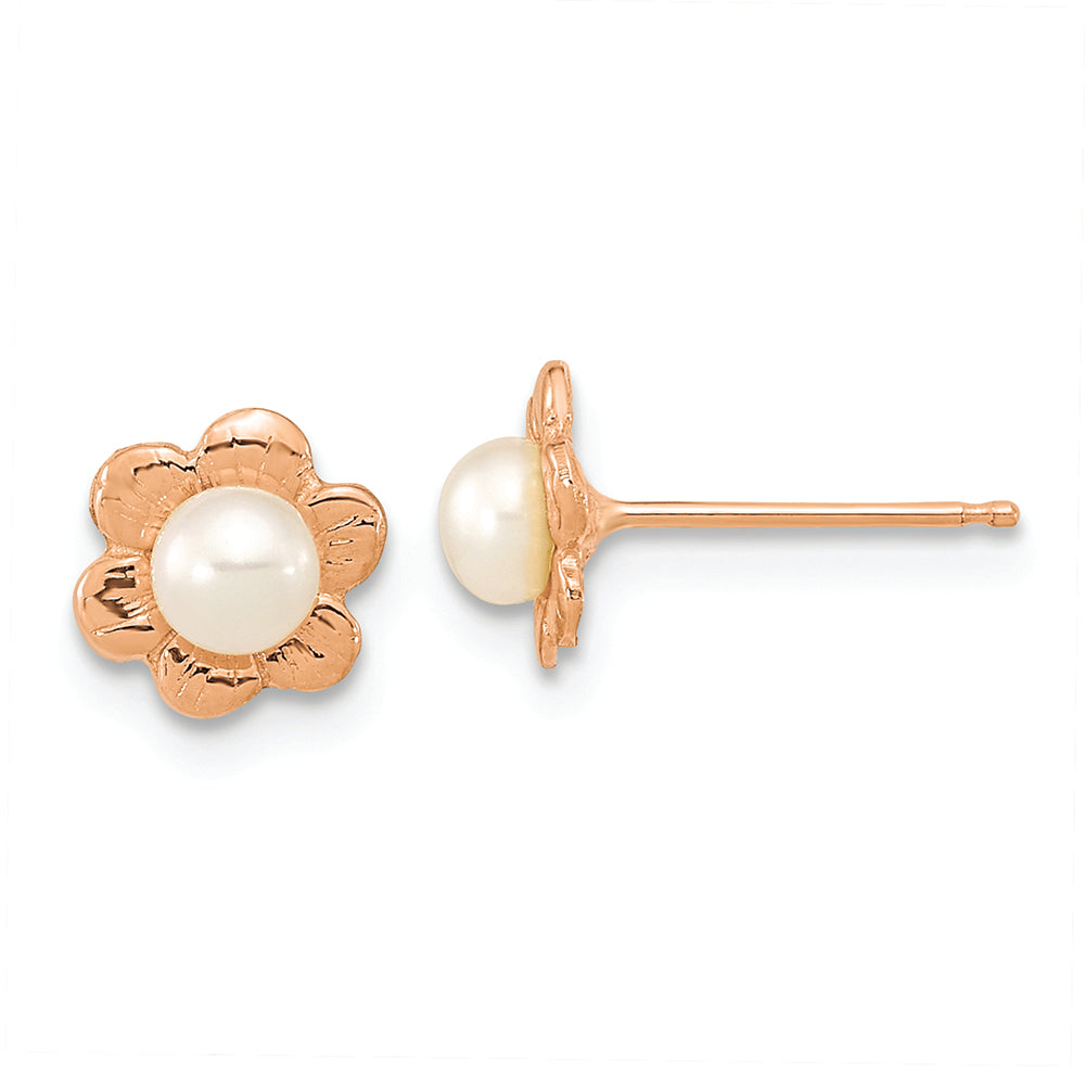 Aretes de flores de perlas FWC blancas con botones de 3-4 mm en oro rosa de 14 quilates