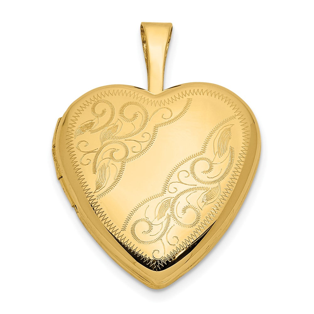 Medallón de corazón con forma de hoja y pergamino de 16 mm y 14 ky