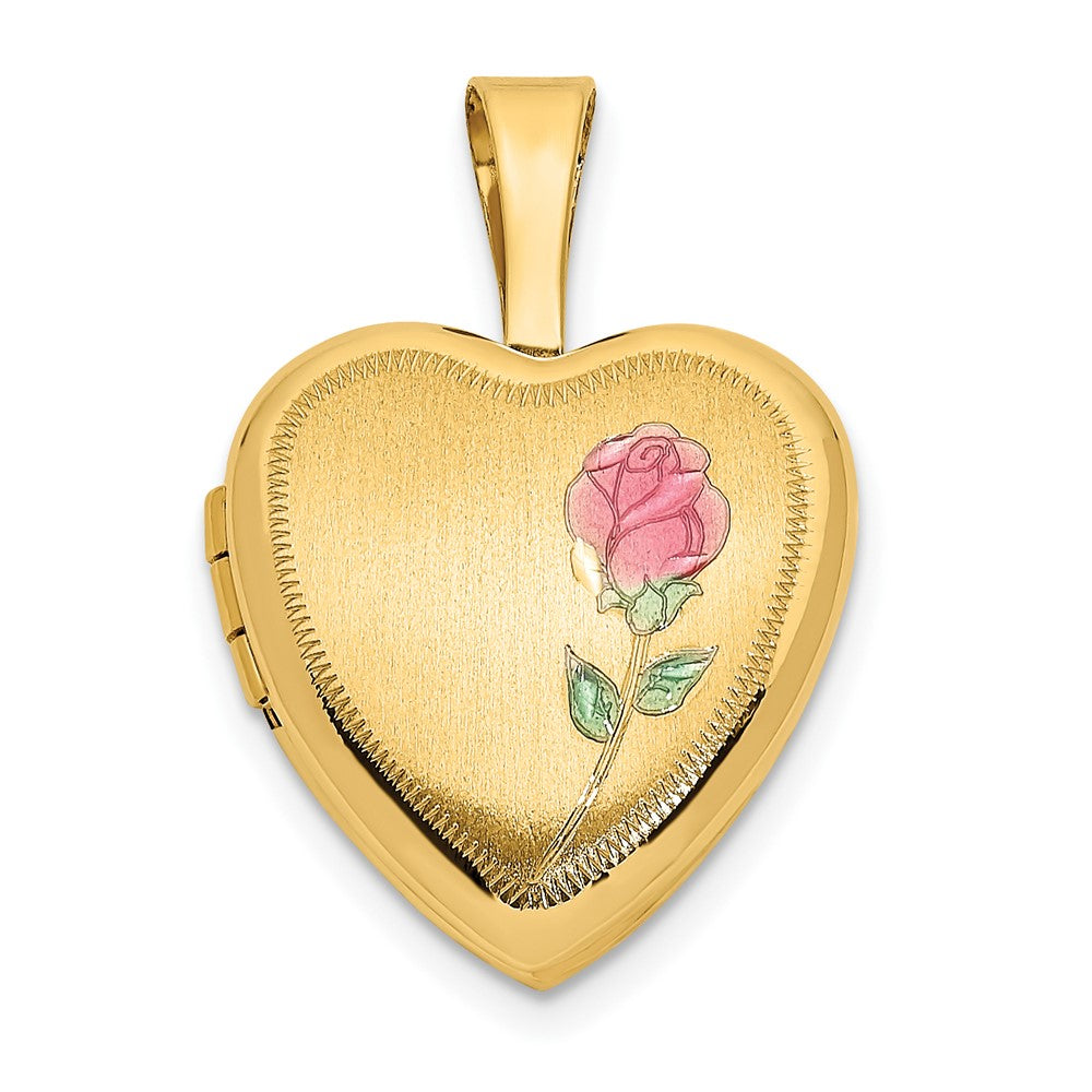 Medallón en forma de corazón con rosa esmaltada y satén de 14k y 12 mm