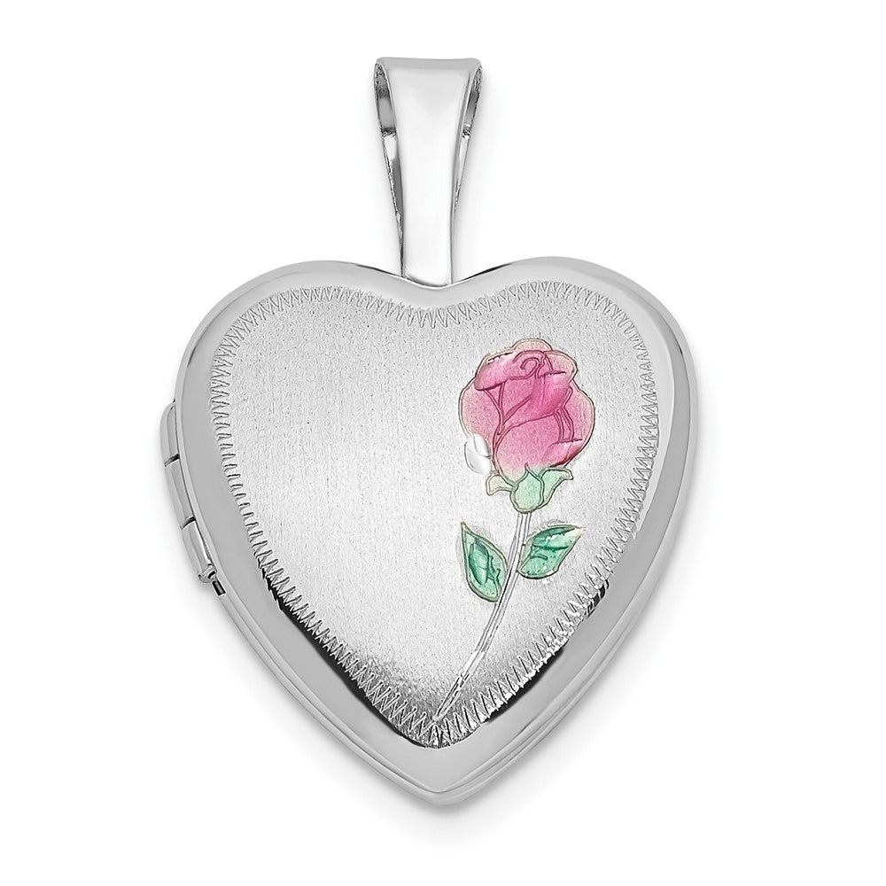 Medallón en forma de corazón con rosa esmaltada y satén de 12 mm en oro blanco de 14 k