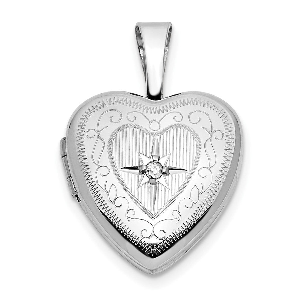 Oro blanco de 14 k, 12 mm con .01 ct. Medallón de corazón con estrella de diamantes