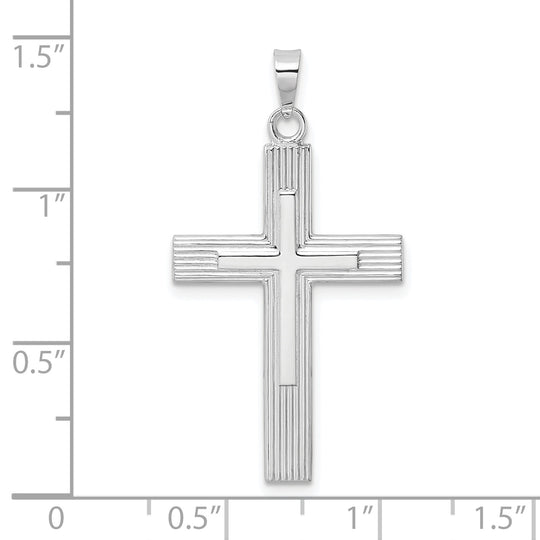 Colgante de cruz doble de rayas sólidas pulidas de oro blanco de 14 k