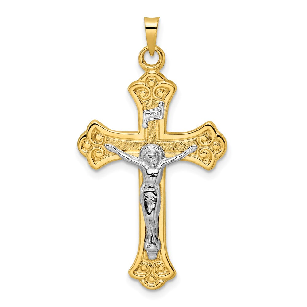 Colgante de crucifijo de flor de lis INRI sólido pulido en dos tonos de 14 k