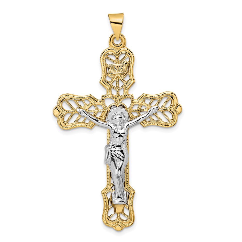 Colgante de crucifijo de filigrana INRI sólido de dos tonos de 14 k