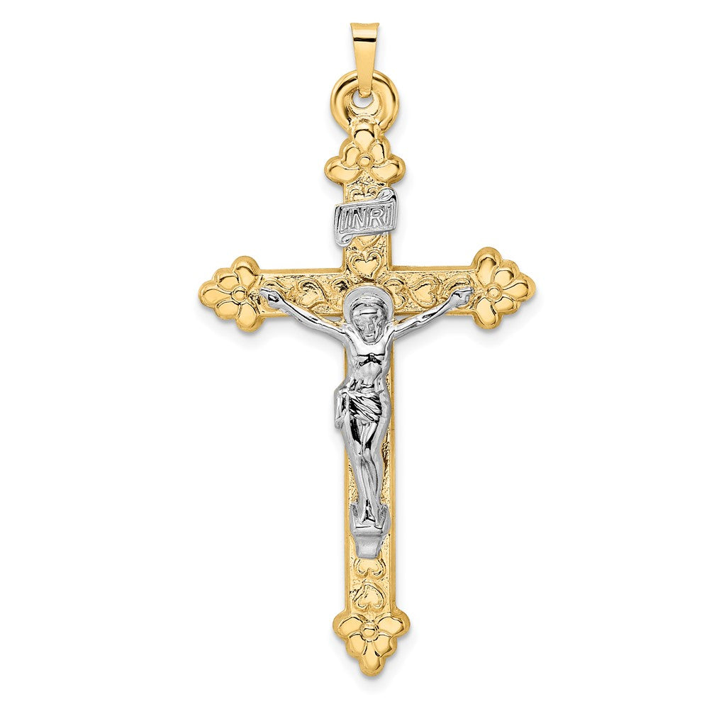 Colgante de crucifijo con brotes INRI hueco pulido en dos tonos de 14 k