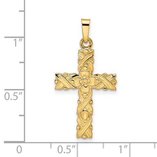 Colgante de cruz floral sólida pulida y texturizada de 14k