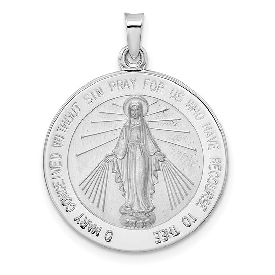 Colgante de medalla sólida milagrosa pulida de oro blanco de 14 k