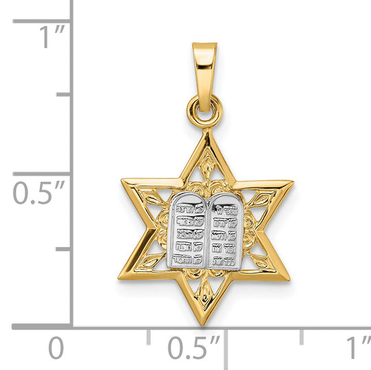 Colgante de Torá y estrella sólida pulida en dos tonos de 14 k