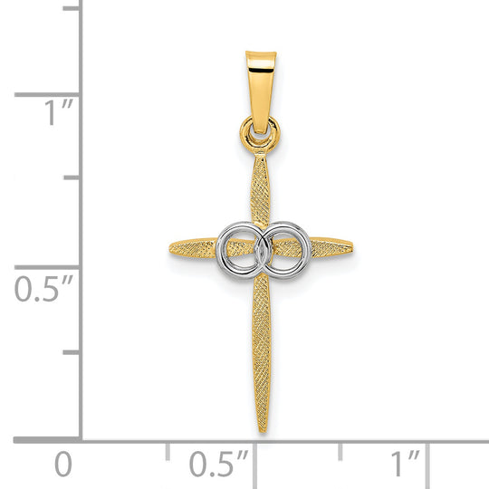 Colgante de cruz de doble anillo sólido pulido y satinado de dos tonos de 14 k
