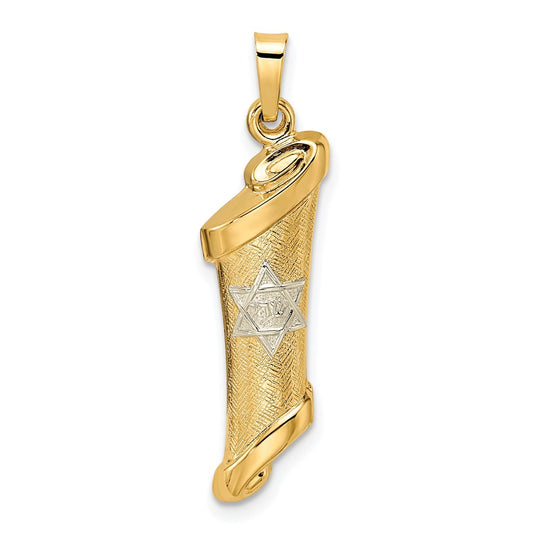 Colgante Mezuzah hueco pulido y texturizado de dos tonos de 14k