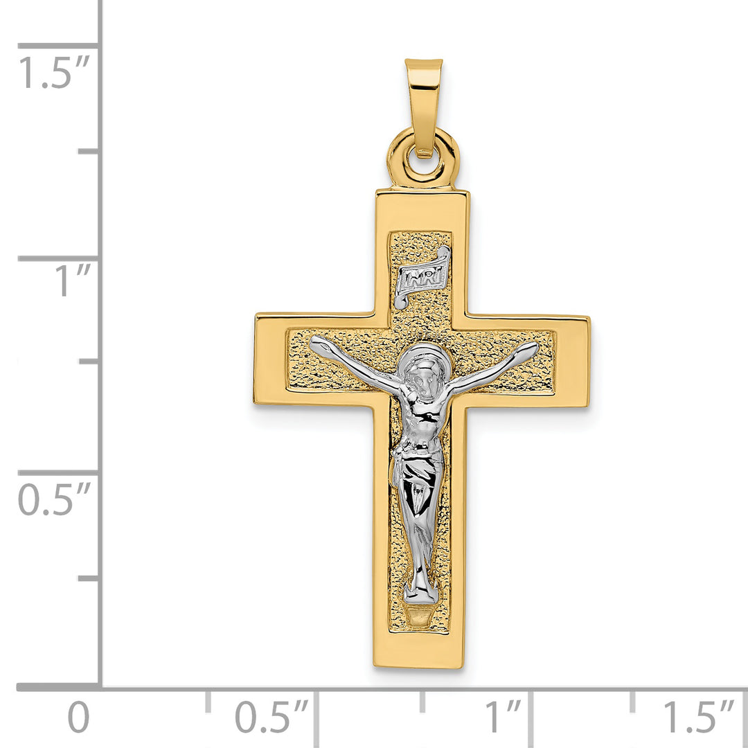 Colgante de crucifijo INRI sólido pulido en dos tonos de 14 k