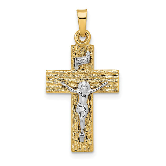 Colgante de crucifijo INRI sólido con textura de madera pulida de dos tonos de 14 k